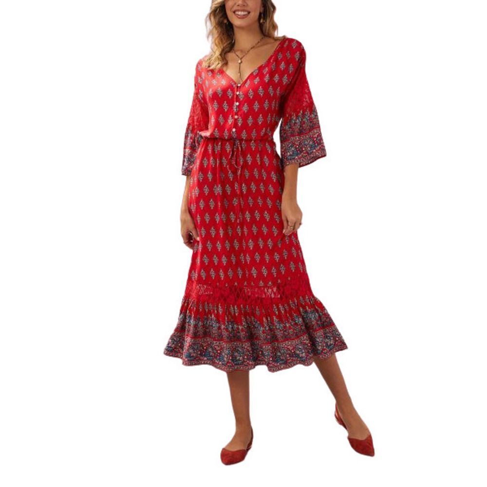Suzanne Betro Dresses Red Scarf Print Lace Accent Blouson Dress Size L